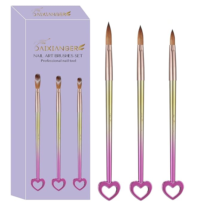 3Pcs Professional Acrylic Nail Brush Set, Size 8/10/14, Gradient Handle Heart-Shaped Nail Brushes for Acrylic Application Powder & Nail Extension, 3D Nail Carving Tools for DIY Home Salon