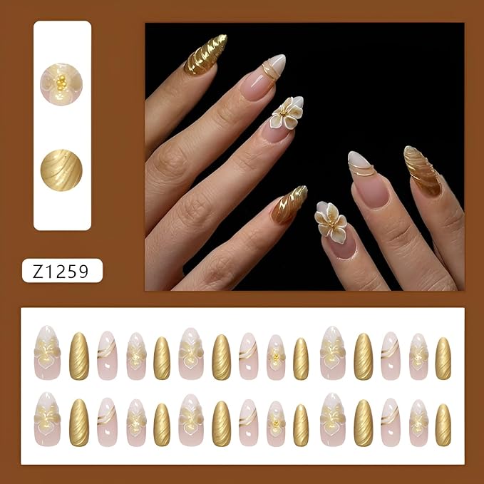 Flower Fake Nails Medium Almond Press on Nails Gold Nails Press Ons Glossy Full Cover False Nails with Rhinestones Design Acrylic Glue on Nail Reusable Stick on Nail for Women Decorations 24Pcs