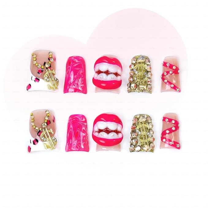 10 Pieces Luxury Acrylic Press On Nails Short Handmade Duck Nails, Pink Thickened False French Nails, Exaggerated Red Lips And The Dollar Sign, Reusable Fake Nails, Acrylic Nails (M)