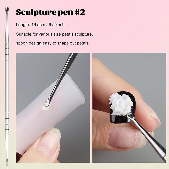 Nail Art Sculpture Pen, 3PCS Double-head Stainless Steel 3D Gel Art Sculpting Pens Dotting Tools Acrylic Powder Flower Design Carving Modeling for Builder Gel Chrome Powder Applicator Manicure