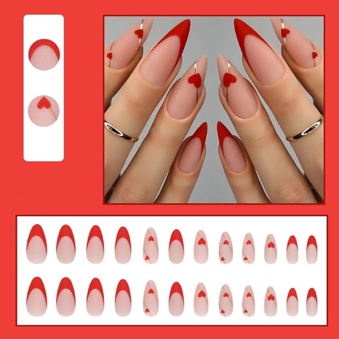 Press on Almond Nails - Red French Tip Fake Nails with Gold Line Design - Heart, Medium False Nails Stick on - for Women 24 Pcs