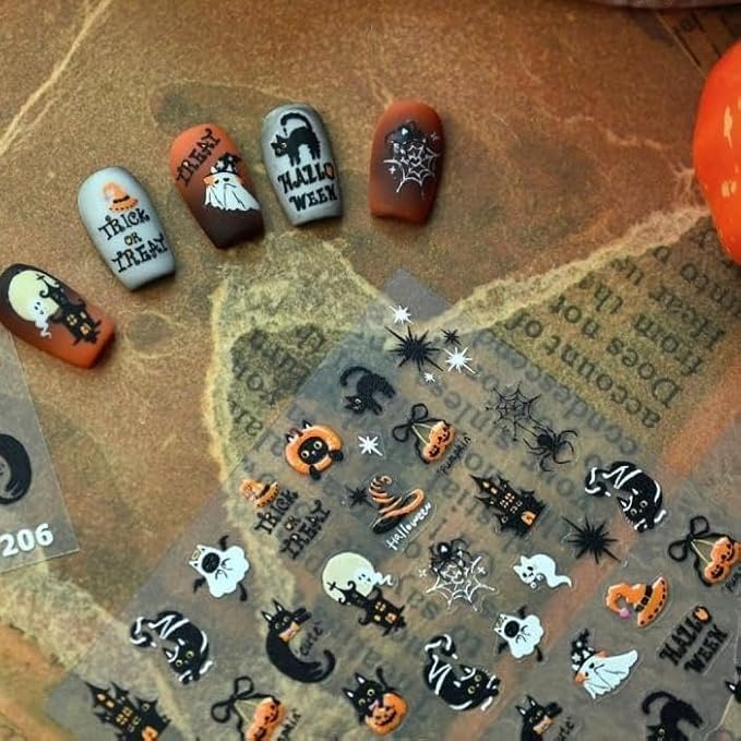 Halloween Nail Stickers 3D Self Adhesive Cute Pumpkin Nail Art Stickers 5D Embossed Black Bat Cat Nail Decals Spider Web Nail Art Supplies Haunted House Nail Design for Women Girls 1 Sheets