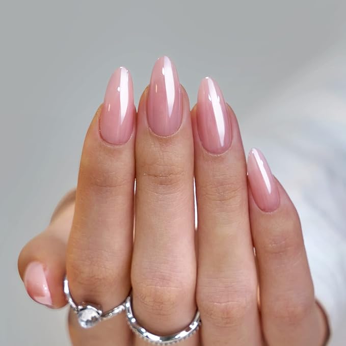 BTArtbox Press On Nails Almond - Soft Gel Press on Nails Pink Chrome Nails, Light Weight & Fit Perfectly, Natural Fake Nail with Nail Glue, Medium Glue On Nails in 15 Sizes - 30 Nail Kit, Lotus Glazed