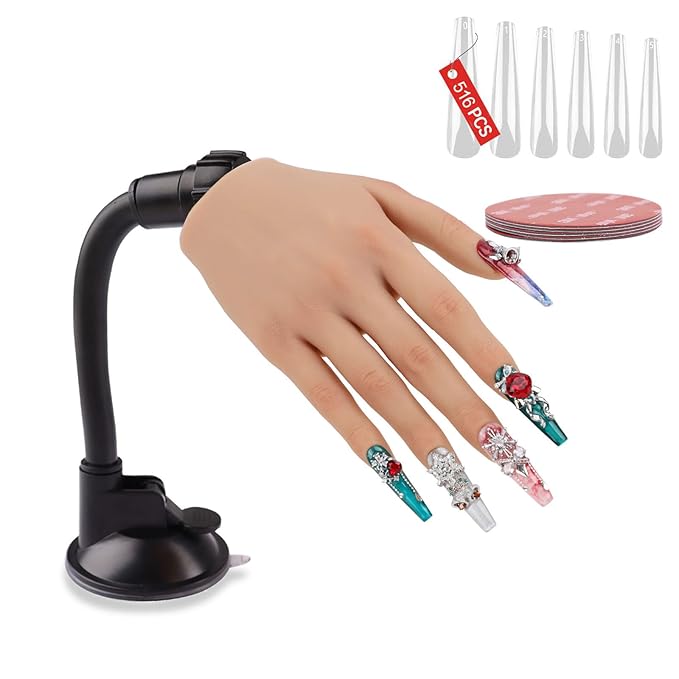 Nail Practice Hand for Acrylic Nails with 516 Pcs Nails, Silicone Fake Hands to Practice Fake Nails Mannequin Hand for Nails Practice and Nail Art Single Right Hand Nude