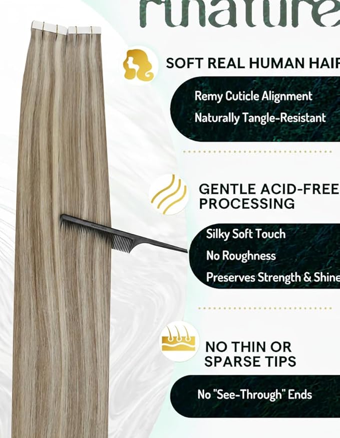 RUNATURE Tape in Human Hair Extensions Blonde Invisible Tape in Hair Extensions Real Human Hair Grey Blonde Mix Platinum Blonde Soft Straight Human Hair Tape in Extensions Full Ends 12 Inch 30g 20pcs