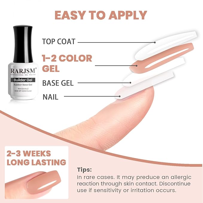 RARJSM Rubber Base Coat Gel Polish Nude Salmon Pink Skin Tone Rubber Base Gel for Nails Natural Nude Color French Manicure Extend Gel Soak Off Curing Requires Single Bottle 15ml Salon Home DIY Use