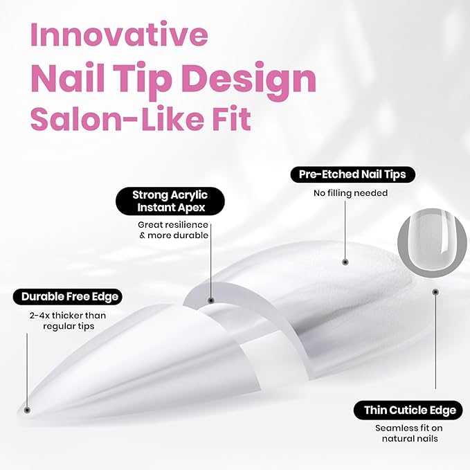 Beetles Tipex Instant Apex Nail Tips, Almond Medium, 16 Sizes (00-14), 224PCS with 20g Tipex Solid Nail Glue, Thick Strong Tips with Built-In Apex for DIY Extensions