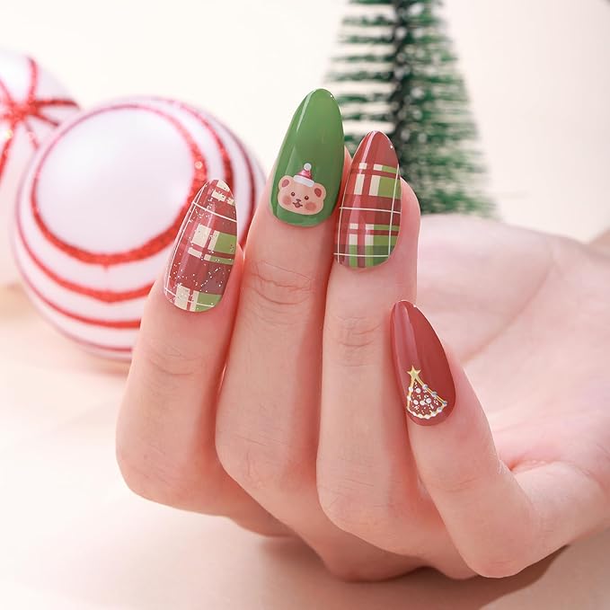 6 Sheets Christmas Nail Wraps Full Stickers Nail Polish Strips, Cute Grid DIY Self-Adhesive Glitter Nail Art Decals Snowflake Xmas Tree Red Green Party Decor with 1 Pcs Nail Files (128 Pieces)
