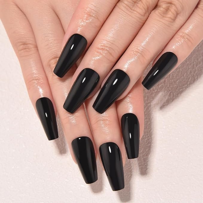 evpct Black Glossy Coffin Press on Nails Medium Square, Glossy Black Fake Nails False Nail Pure Color with Kit, Salon Quality Soft Gel Stick on Acrylic False Soft Nails Reusable Full Cover for Women