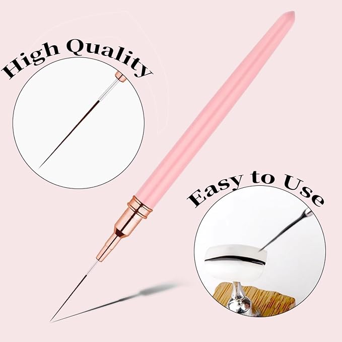 Professional Detail Nail Art Paint Liner Brush Set, 5Pcs Small Polish Design Tech Nail Tip Fine Line Striping Brushes, 25/15/11/9/7Mm Skinny Long Bristle Nails Drawing Pincel Para Uñas, Pink