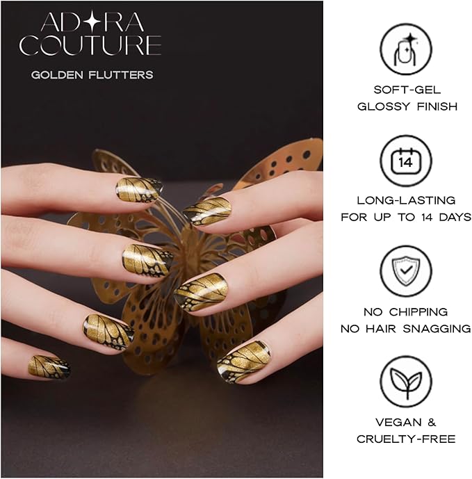 Semi Cured Gel Nail Strips with 30 Pieces - UV Gel Stickers, Manicure Kit, Easy Application Wraps Includes Prep Pads, Nail File, Wooden Stick - UV Light Required (Golden Flutter)