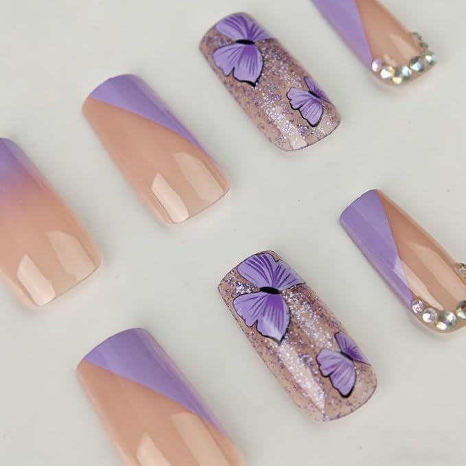 Spring Purple Press on Nails Long Square Fake Nails Butterfly & Rhinestone Design Glitter Nails Full Cover Glossy Stick on Nails for Women Manicure 24PCS