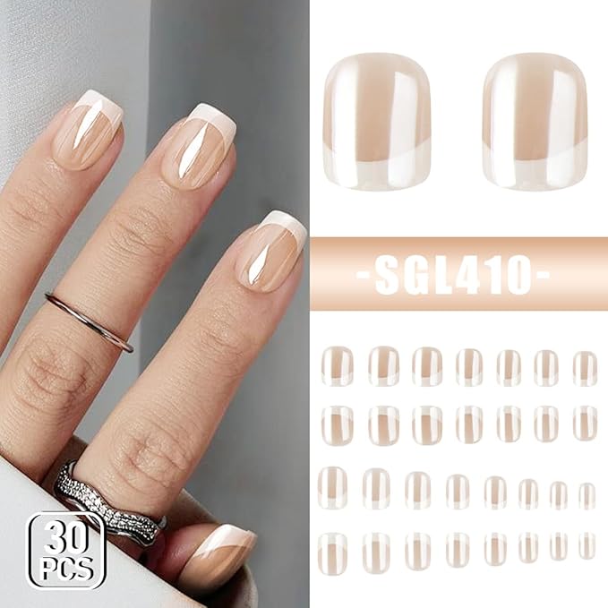 Short Square Press on Nails French Tip Fake Nails Chrome False Nails Press ons with Design Full Cover Glossy Glue on Nail Stick on Nails for Women Manicure,Reusable | Easy Apply | Acrylic | 30 Pcs