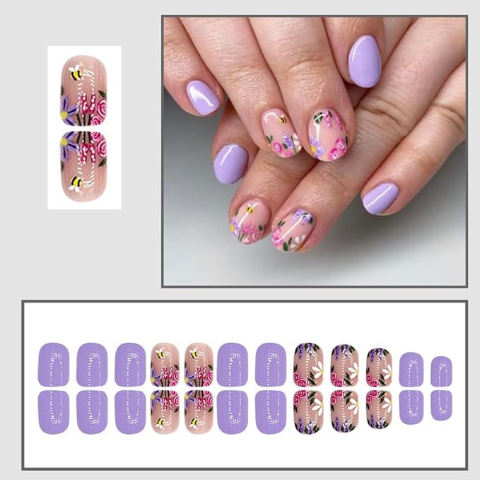 Purple Press on Nails Square Short Fake Nails Press ons Nail Tips Artificial Acrylic Kit Full Cover False Nails with Flower Leaves Glossy Design Stick on Nails for Women 24Pcs