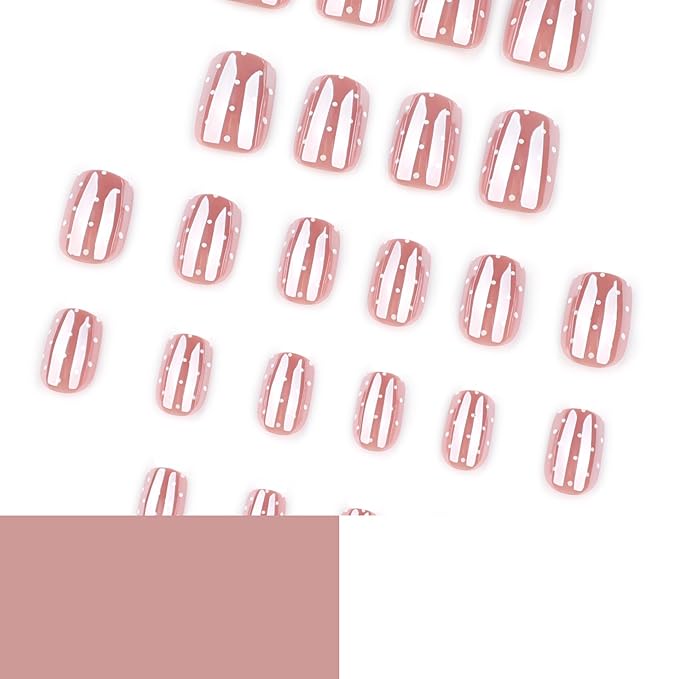 Square Press on Nails - Short Fake Nails with Polka Dot Design - Glossy, Chrome Full Cover Stick on False Nails - for Women 24 Pcs
