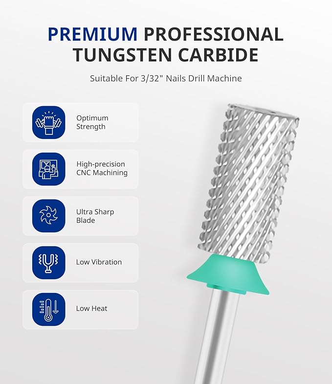 AIRSEE Tungsten Carbide Acrylic Nail Drill Bit Efile Electric File Machine Head Tip for Manicure Polishing Art Remove Gel 3/32" 2 Way Professional Tech Flat Top Cylinder Barrel Coarse-C