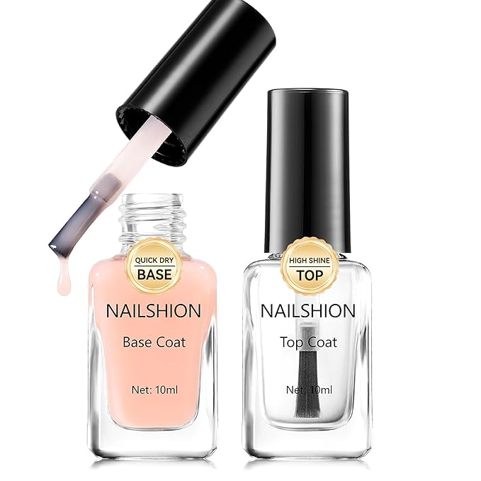 Clear Top Coat and Nude Base Coat Ridge Filler Strengthening Anti Chip Nail Polish, Non Gel, Rich in Castor Oil & Calcium, Salon Quality, Vegan, High Glossy Quick Dry Home DIY Nail Art Gift