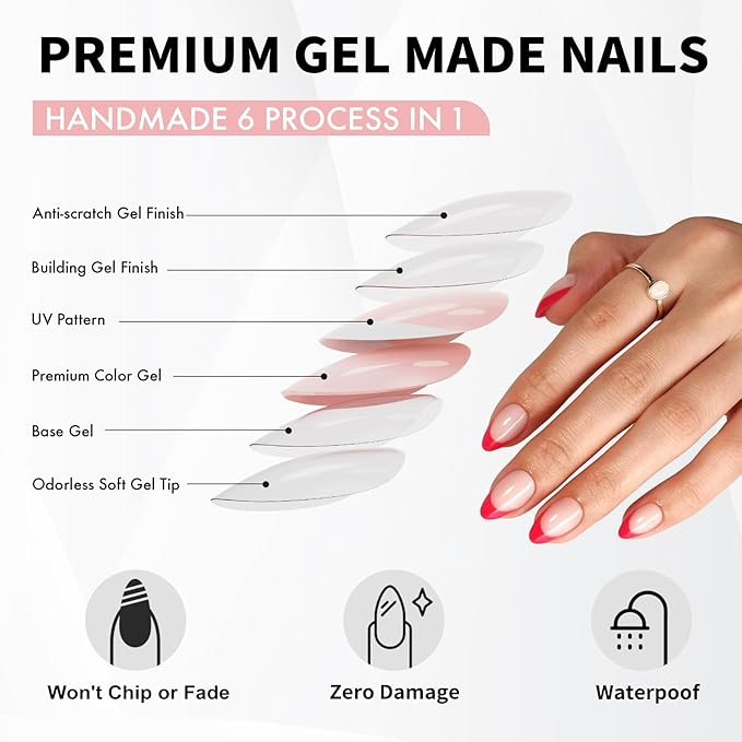 Red French Tip Press on Nails Short - SHANGMENG Soft Gel Valentines Almond Nails for Women Gift, Fit Perfectly & Natural Glue on Nails with Glue in 16 Sizes - 32 Reusable Fake Nails, Red French