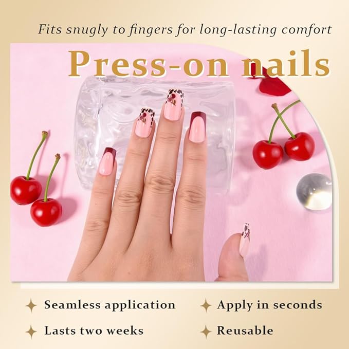 evpct Spring & Summer Press on Nails Medium Square, Cherry Fake Nails Press ons with 3D Pattern Design, Light Weight Perfectly Fit Fake Nails for Women Gift, Fake Nail Kit with Kits Gel, 24Pcs