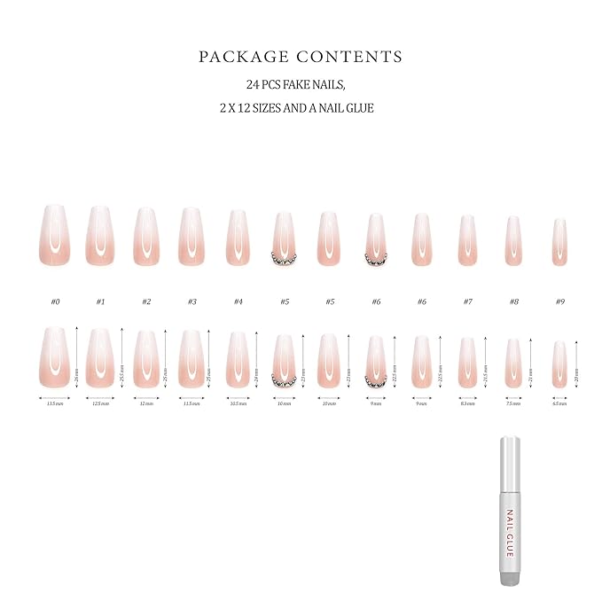 Hypnaughty 24 Pcs Rhinestone Luxury Coffin Press on Nails with Design and Glue Long Fake Nails Nude and White Ombre with Rhinestones Glossy Glue On False Nails (Rhinestone)