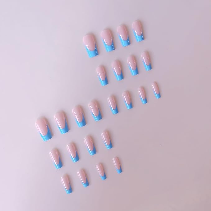 48Pcs Blue French Tip Press on Toenails Press on Nails Long Square Fake Nails with Design Nude Glue on Nails Spring False Nails Glossy Reusable Summer Nails Toenails for Women Manicure