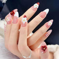 10 Medium Almond 3D Floral Handmade Press On Nails, Vintage Red with seashells and Shiny Rhinestones, Pearls & Cat Eye, Removable and Reusable, All Seasons (pink 18A, S)