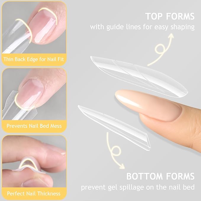 Sandwich Dual Nail Forms, 15 Sizes Oval Almond Top and Bottom Dual Forms for Builder Gel, Reusable Acrylic Nail Extension Molds with Guide Lines, Professional Manicure Supplies (Oval)