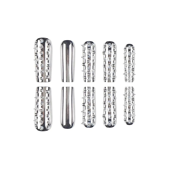 24Pcs Extra long Press on Nails Square Fake Nails Metal Silver Plating Full Cover Acrylic False Nails with Designs DIY Xl Glossy Artificial Stick on Nails for Women