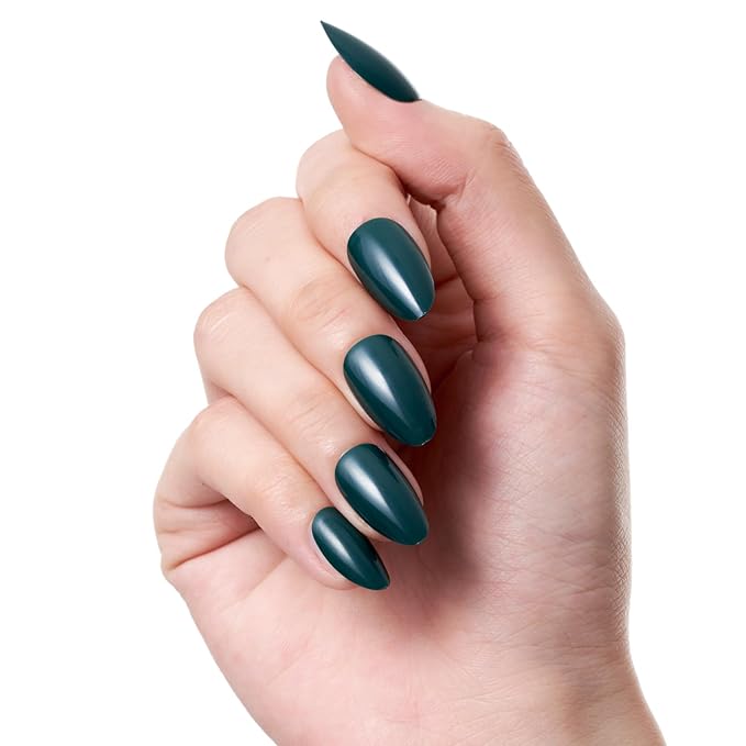 GLAMERMAID Dark Green Press On Nails Short Almond, Pure Deep Green Handmade Soft Jelly Gel Fake Nails, Glossy Round Oval Stick Glue on Nails Manicure Kit for Women, Reusable Acrylic False Nail Set