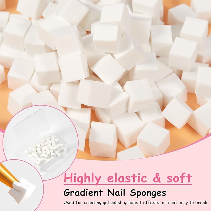 100pcs White Cube Nail Sponges for Ombre, 2pcs Gold and Silver Metal Clip Pens for Grabbing Nail Art Sponge Ombre Nail Brush for Nail Art