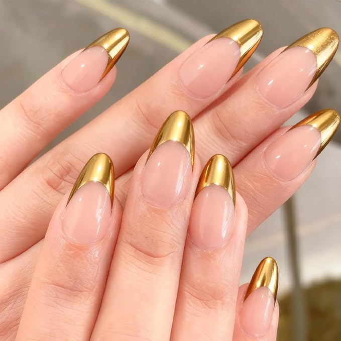 Gold French Tips Press on Nails Medium Almond Fake Nails Glossy Chrome False Nails Golden French Nail Tips Metal Acrylic Nails Full Cover Stick on Nail for Women Decoration 24Pcs