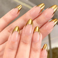 Gold French Tips Press on Nails Medium Almond Fake Nails Glossy Chrome False Nails Golden French Nail Tips Metal Acrylic Nails Full Cover Stick on Nail for Women Decoration 24Pcs
