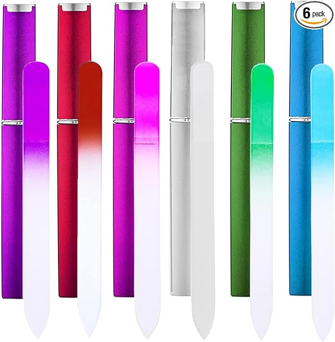6 Pack Glass Nail File with Case, Crystal Fingernail Files Set, Double Sided Finger Nail Files, Professional Manicure Nail Care for Women, Christmas Gifts Stocking Stuffers