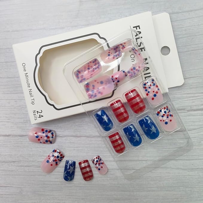 24Pcs 4th of July Press on Nails Short Square Fake Nails with Glitter Stars Stripe Design Acrylic Nails Silvery French Tip False Nails Full Cover Glossy Independence Day Stick on Nails for Women