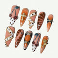 Press On Nails - Handmade Stiletto Orange Fake Nails, Painting 3D Cherry and Gold Plated Accessories Design, Reusable Artificial False Nails for Women 10 Pcs Acrylic Nails Kit (Size M)