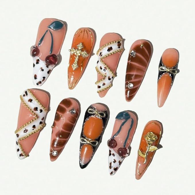 Press On Nails - Handmade Stiletto Orange Fake Nails, Painting 3D Cherry and Gold Plated Accessories Design, Reusable Artificial False Nails for Women 10 Pcs Acrylic Nails Kit (Size L)