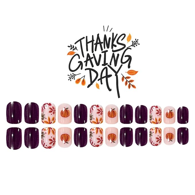 Short Square Press on Nails Fall Fake Nails Thanksgiving Day Nails Press ons with Pumpkin Fall Leaves Design,Full Cover Stick on Nails for Women Manicure,Reusable | Glossy | Easy Apply | 24 Pcs
