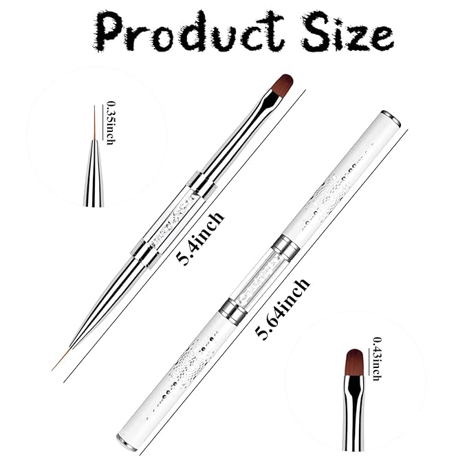2PCS Professional French Tip Brush Set, French Tip Nail Gel Liner Brush, Dual-Ended Nail Design Brushes Rhinestone Handle Nail Brush for Builder Gel&Polygel,Salon-Grade Nail Art Design Tools