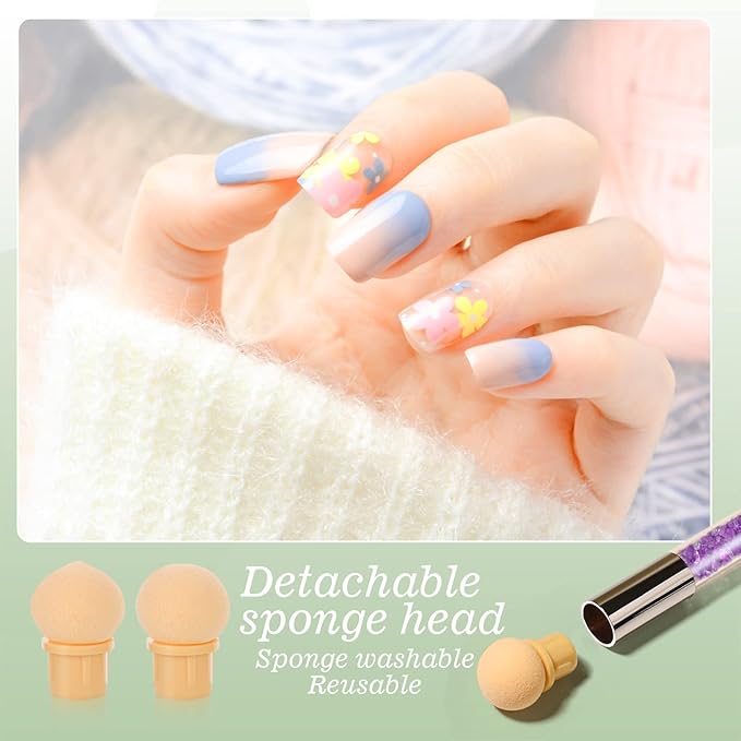 17 Pcs in 1 Set Nail Sponges for Ombre, Double-Head Ombre Brush for Gel Nails with 16 Pcs Replacement Head (Purple)