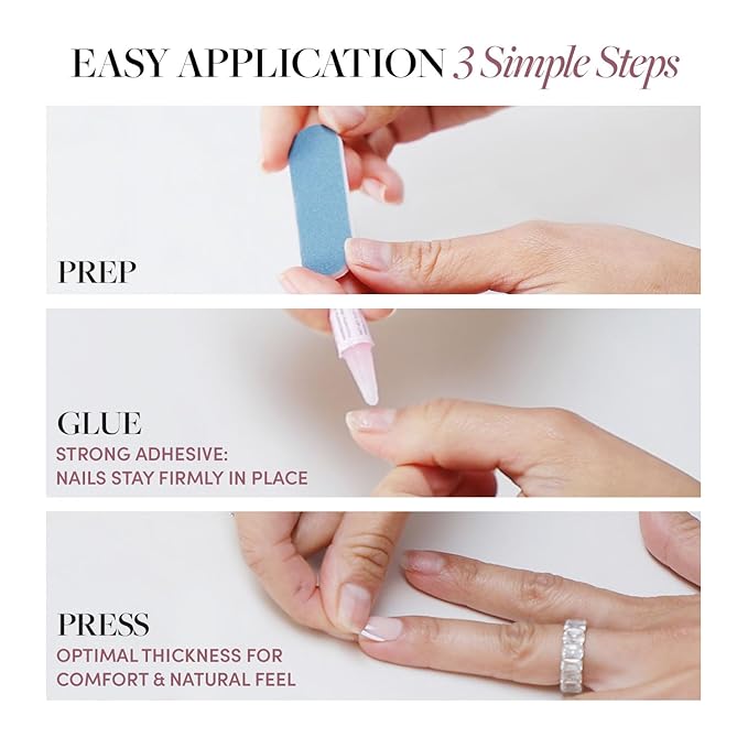 Glamnetic Press On Nails - Honeymoon | Short Almond Nude Fake Nails with 3D Nail Art and Glossy Velvet Finish, Salon Quality | 15 Sizes - 30 Nail Kit with Glue