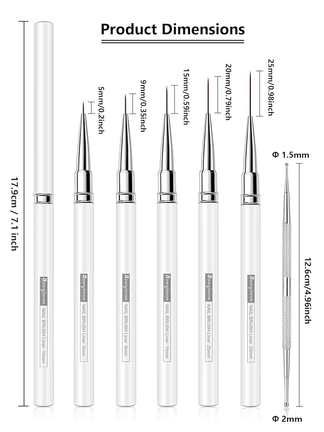 Nail Liner Brush, Fine Line Nail art Brushes 5/9/15/20/25mm Thin Line Nail Brushes Detail Drawing, Liner Brush for Nails Gel (White)