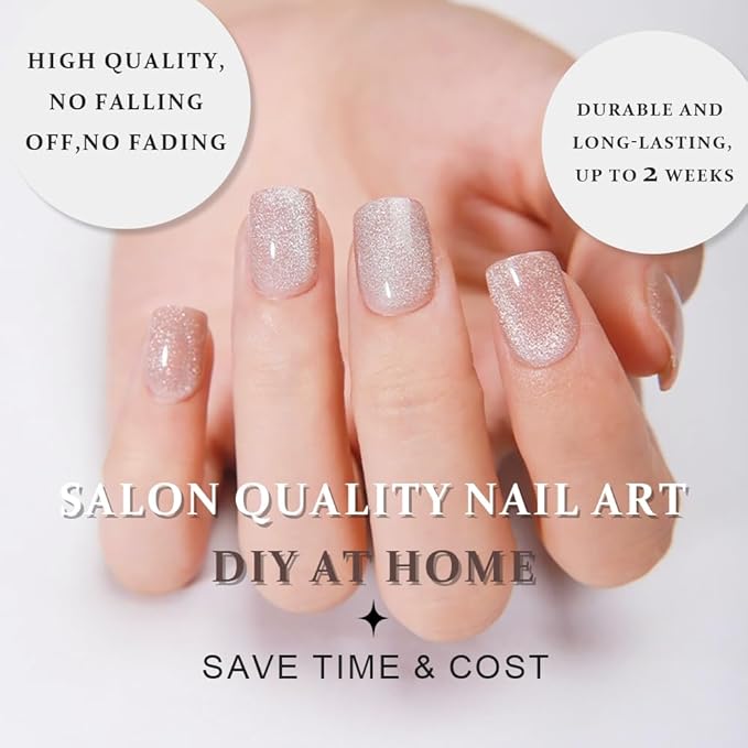 evpct Nude Cat Eye Extra Short Press on Nails Square, Petite Short Square Stick on Nails for Women Gift, Champagne Metallic Glitter Glossy Reusable Soft Gel Press on Acrylic Fake Nail with Designs