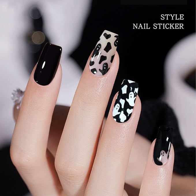 JMEOWIO Gel Nail Stickers Halloween Black White Cute Ghost Semi Cured Gel Nail Strips Wraps UV/LED Nails Art Design Decoration Accessories