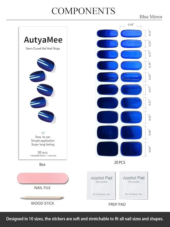 Semi Cured Gel Nail Strips (Blue Mirror), Chrome, 20 Pcs Gel Nail Wraps, Stickers, Salon Quality, Long Lasting, Works with Any UV Lamps
