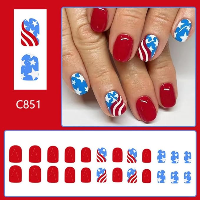 Independence Day Press on Nails Short Square Artificial Nails with Red Blue American Flag Glossy Red False Nails Stars Stick on Nail Full Cover 4th of July Fake Nail for Women Girls Manicure 24Pcs
