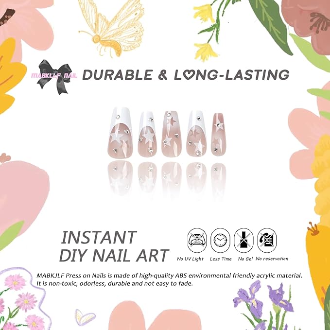 Y2K Press on Nails Long Coffin MABKJLF French Tip Fake Nails Nude Full Cover White Star False Nails with Designs Gradient Acrylic Nails Rhinestone Glossy Glue on Nails for Women Girls 24Pcs