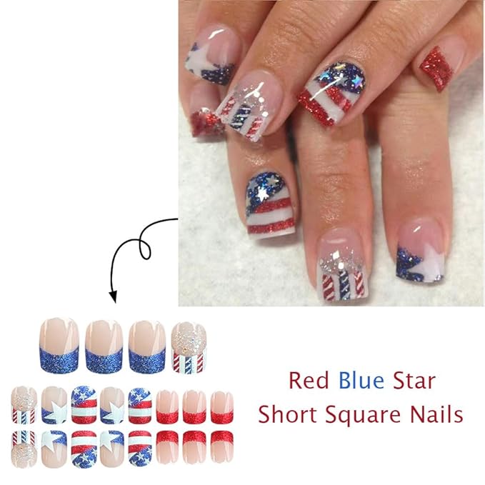 24Pcs Short Square Press on Nails Independence Day Nails Press ons Stripe Patriotic French Tip False Nails with Red Glitter Designs Five-Pointed Star Glue on Nails for Women 4th of July