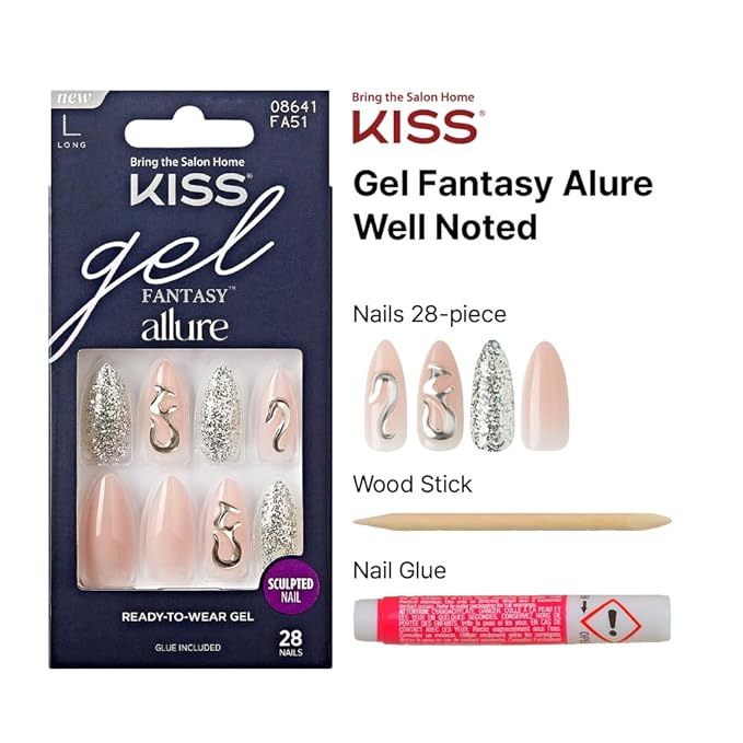KISS False Nails Kit, Gel Fantasy Allure Ready to Wear Sculpted Nails, Stick and Glue Included, Long Length, Almond Shape with 3D Accent, Long-Lasting Hottest Trend Glue on Nails