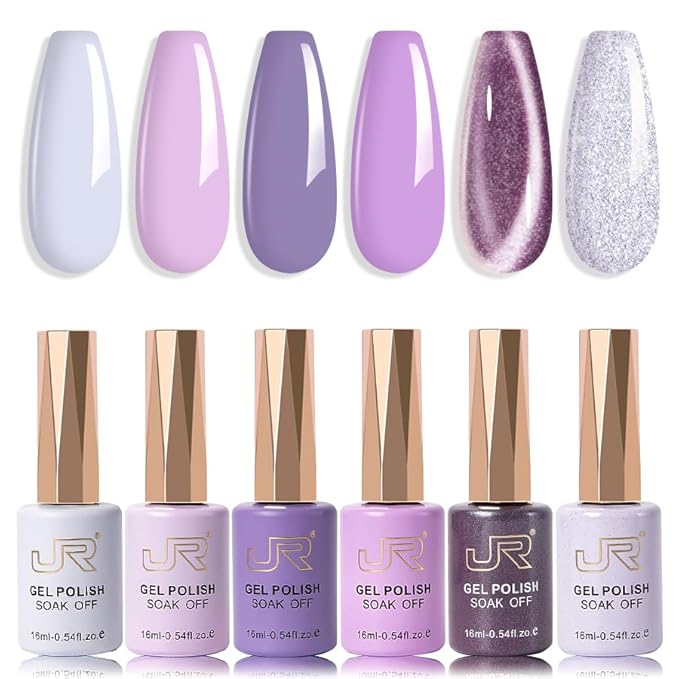 JR Purple Gel Nail Polish Set, 16ml Full Size Bottle 6 Colors Purple 9D Cateye Glitter Nail Gel Polish Gift Soak Off Led Nail Art Kit Salon DIY Colorful Bottle H Set
