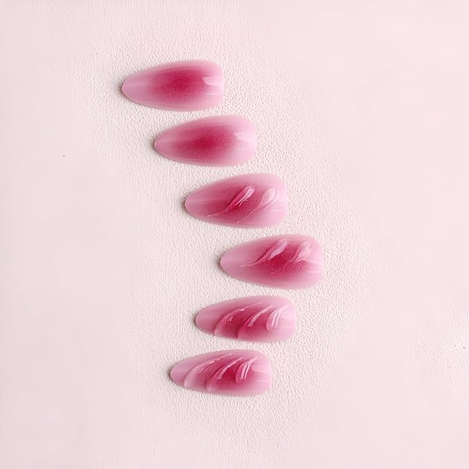 Flower Press on Nails Medium Almond Fake Nails French Tip False Nails 3D Flower Nails Press Ons with Gold Rhinestones Design Glossy Glue on Nail Gradient Stick on Nail for Women Set 24Pcs